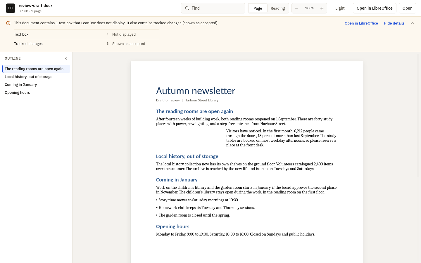 The fidelity bar above a newsletter draft. It says the document contains one text box that LeanDoc does not display and tracked changes shown as accepted, with the details list open.