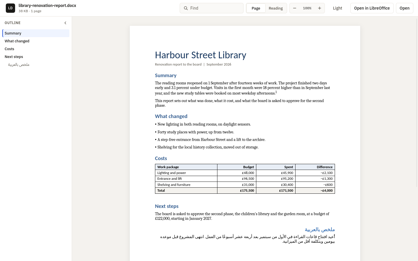 LeanDoc on Linux showing a library renovation report in page view, with a heading outline on the left, a bulleted list, a cost table, and an Arabic summary paragraph.